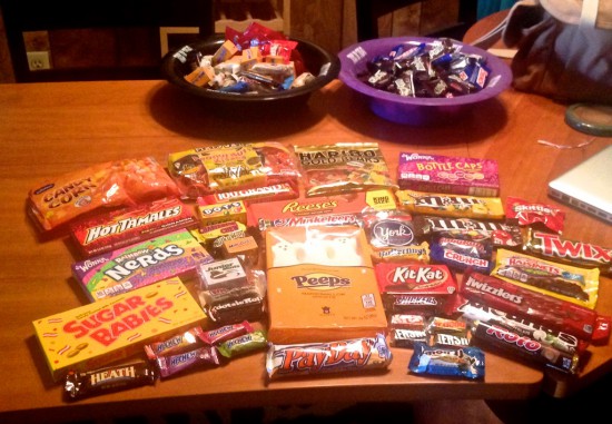 The loot from our raid on the impressive candy aisle at Walgreens (expanded for Halloween!).